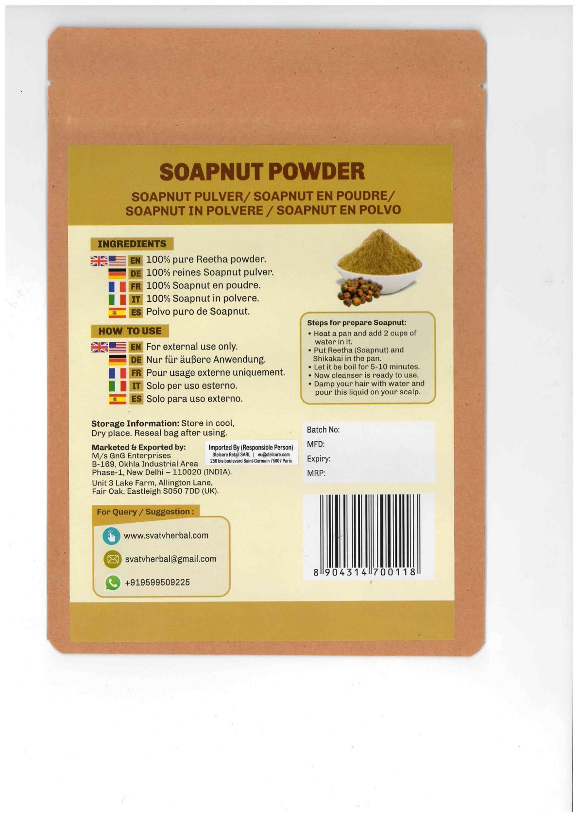 SVATV Soapnut Powder jar with scoop showing convenient packaging.