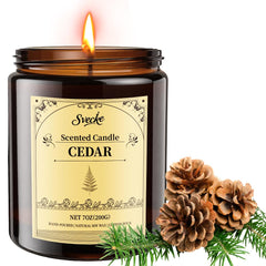 SVECKE cedar scented candle jar enhances cozy spaces with earthy fragrance.