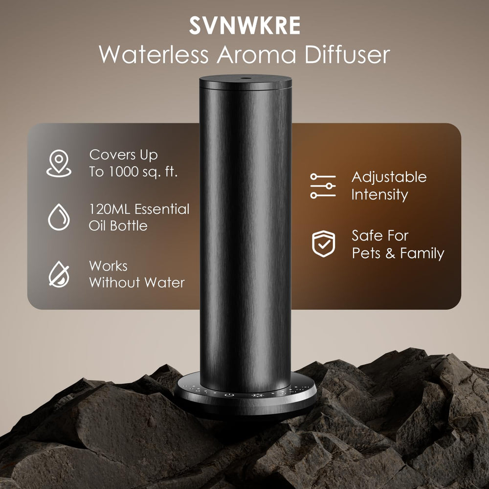 SVNWKRE waterless diffuser in bedroom setup providing quiet, calming scent for rest.