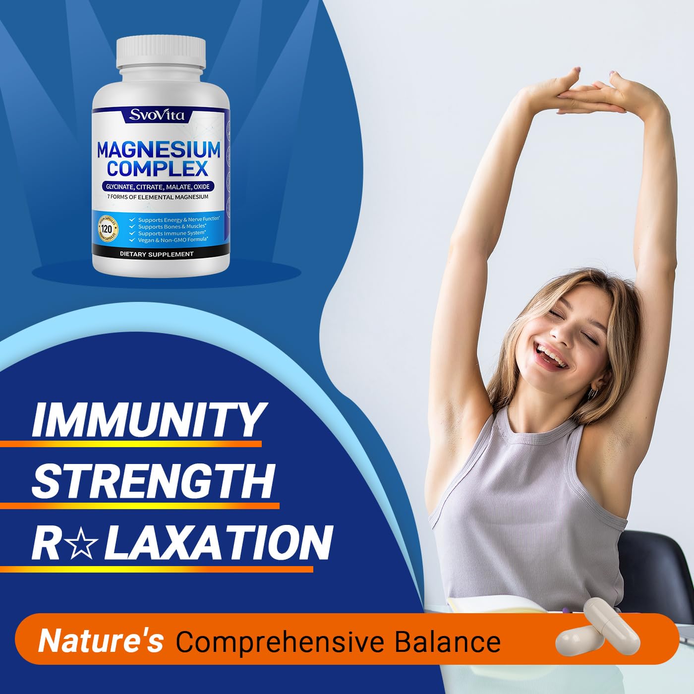 Svovita Magnesium Complex bottle on table with clear packaging and 60-day supply.
