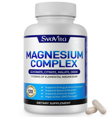 Svovita Magnesium Complex bottle on table, vegan non-GMO formula for daily energy.