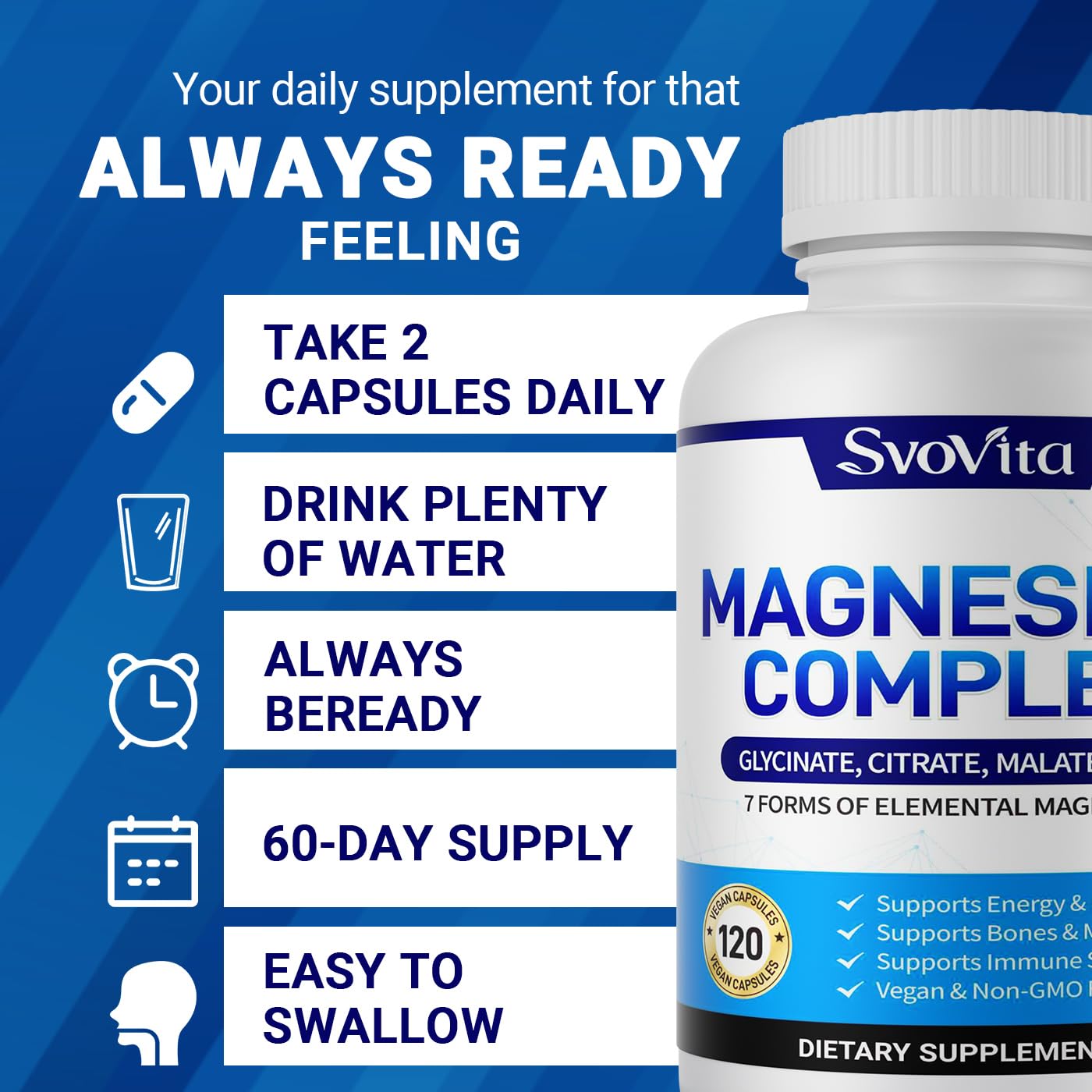 Svovita Magnesium Complex dosage card showing two capsules per meal guidance.