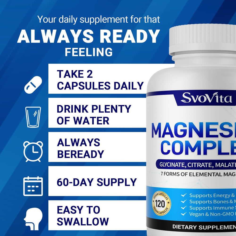 Svovita Magnesium Complex dosage card showing two capsules per meal guidance.