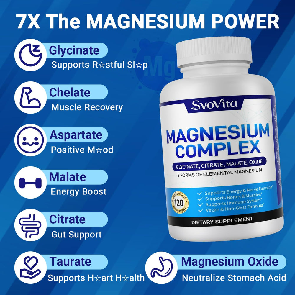 Svovita Magnesium Complex ingredients panel highlights vegan and gluten-free composition.