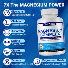 Svovita Magnesium Complex ingredients panel highlights vegan and gluten-free composition.