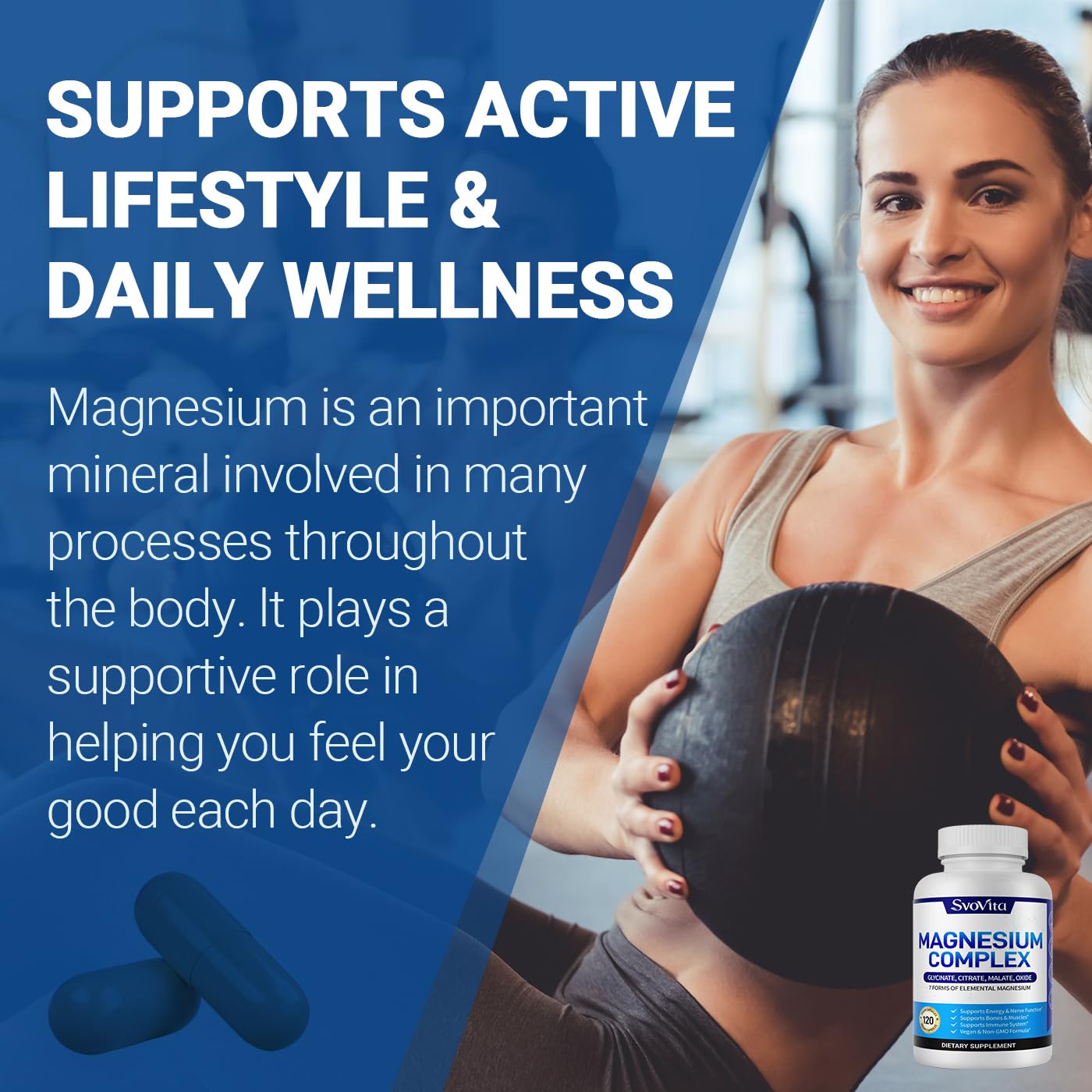 Svovita Magnesium Complex vegan non-GMO seal indicating clean ingredients.