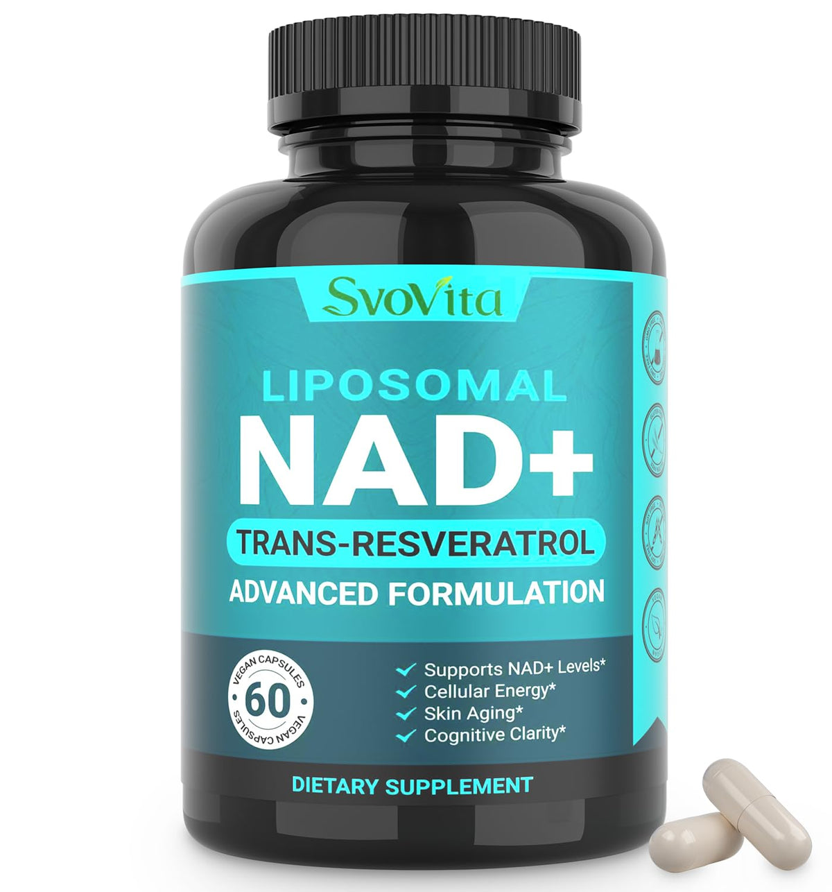 Svovita NAD supplement bottle with 60 capsules for monthly energy and vitality support.