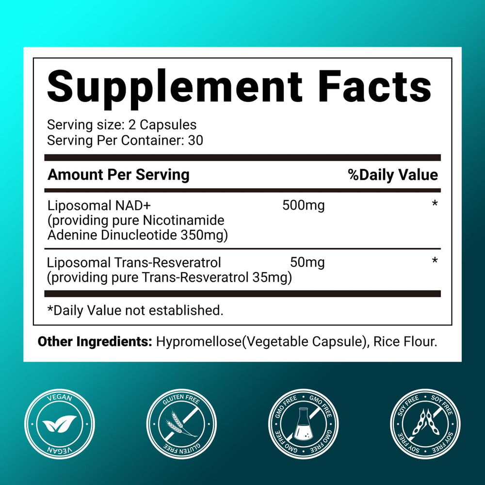 Svovita NAD supplement capsules highlighting liposomal delivery for absorption and cellular support.