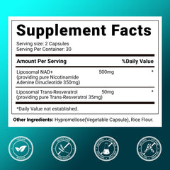 Svovita NAD supplement capsules highlighting liposomal delivery for absorption and cellular support.