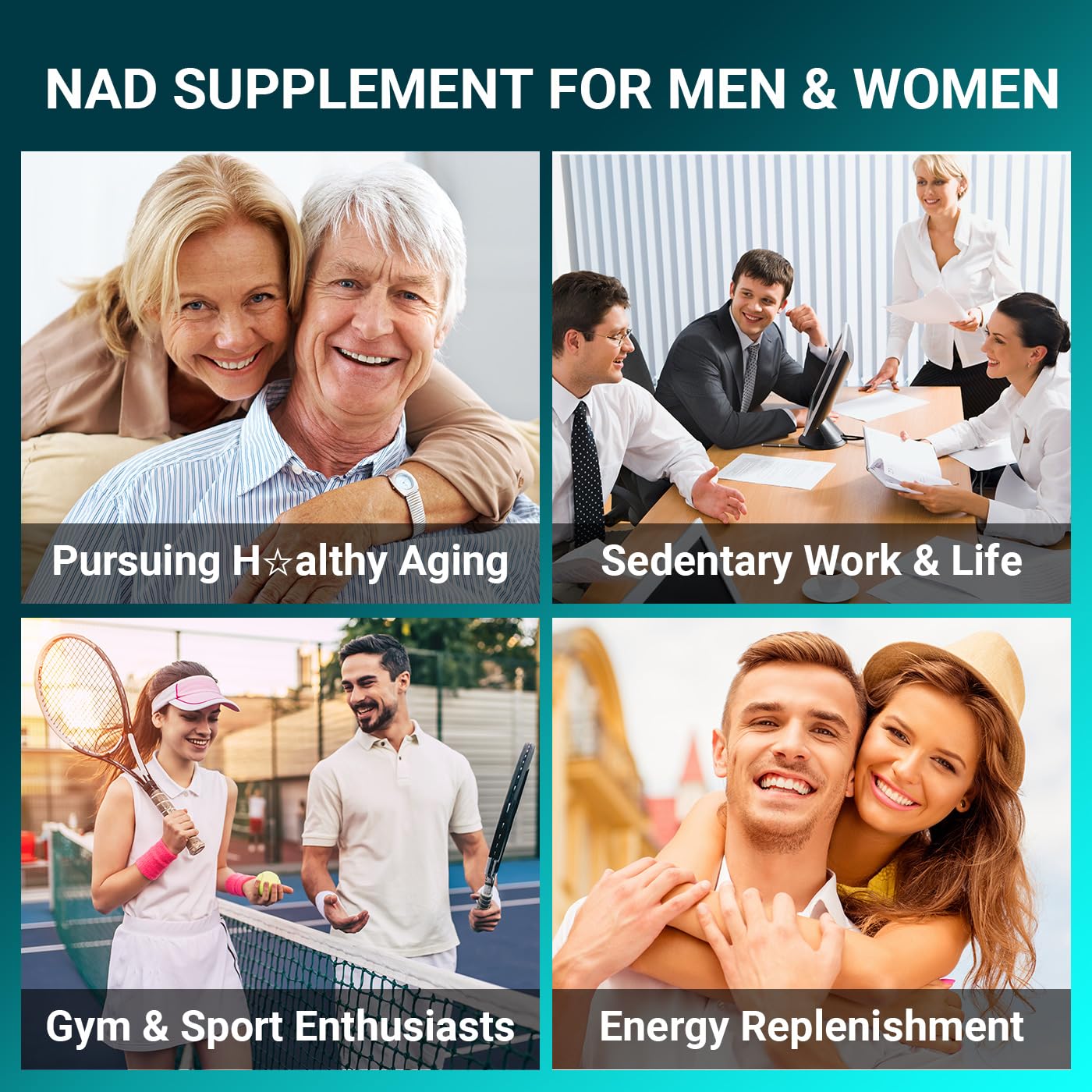 Svovita NAD supplement packaging beside a lifestyle scene indicating on-the-go energy support.