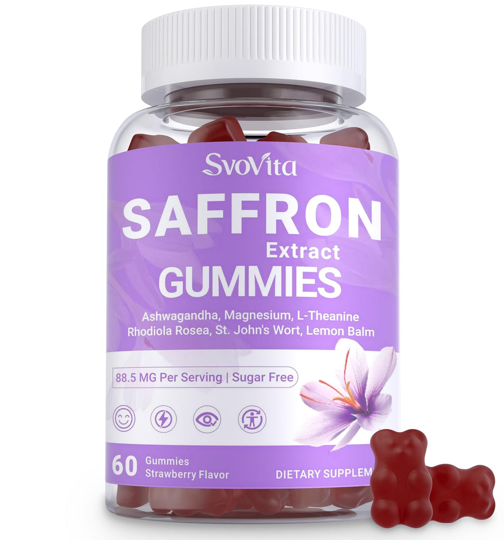 Svovita saffron gummies bottle front highlighting high-potency saffron for daily vitality