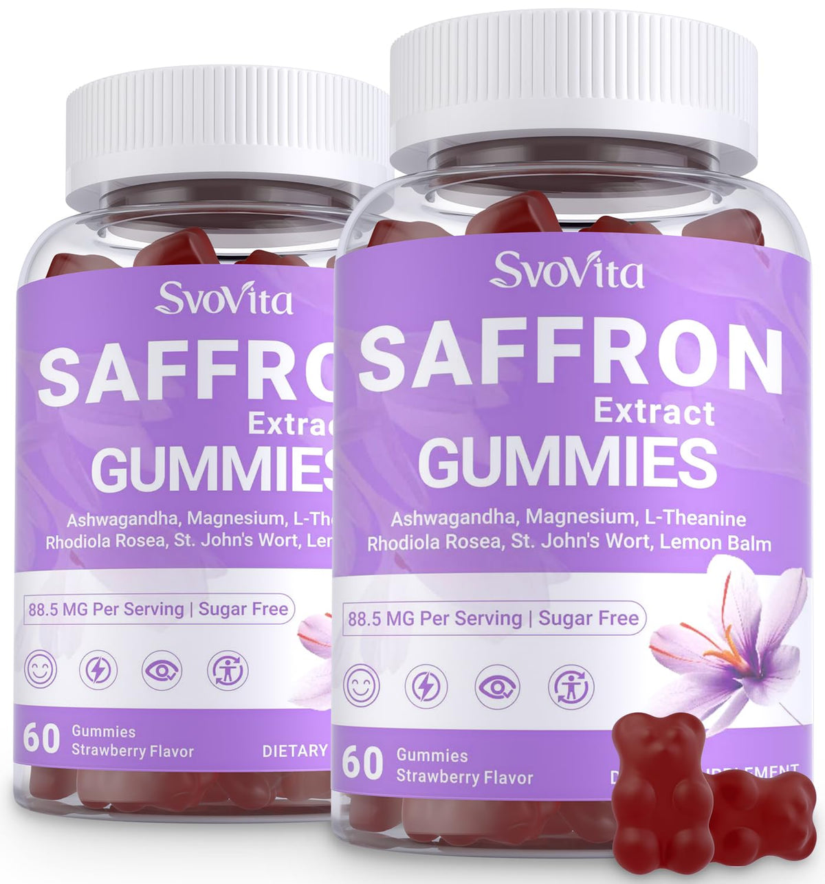 Svovita saffron gummies bottle for convenient daily wellness.