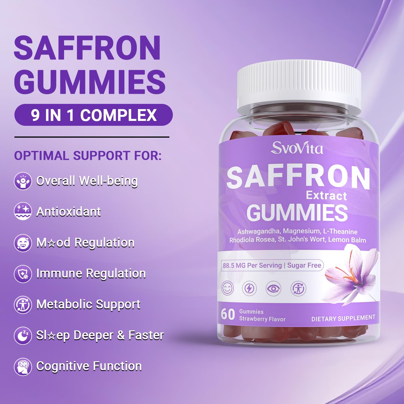 Svovita saffron gummies ingredients icons on label highlighting adaptogens and vitamin blend