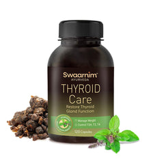Swaarnim Thyroid Care bottle close-up highlighting natural herbal formula for daily balance.