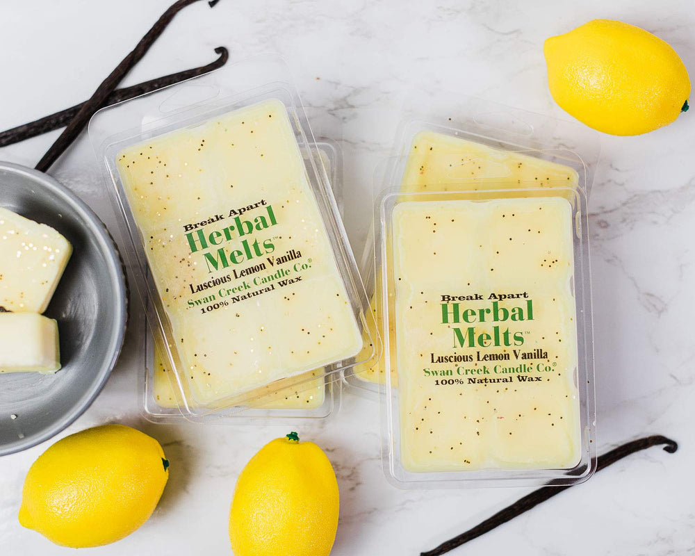 Swan Creek Luscious Lemon Vanilla Drizzle Melts packaging emphasizes break-apart convenience