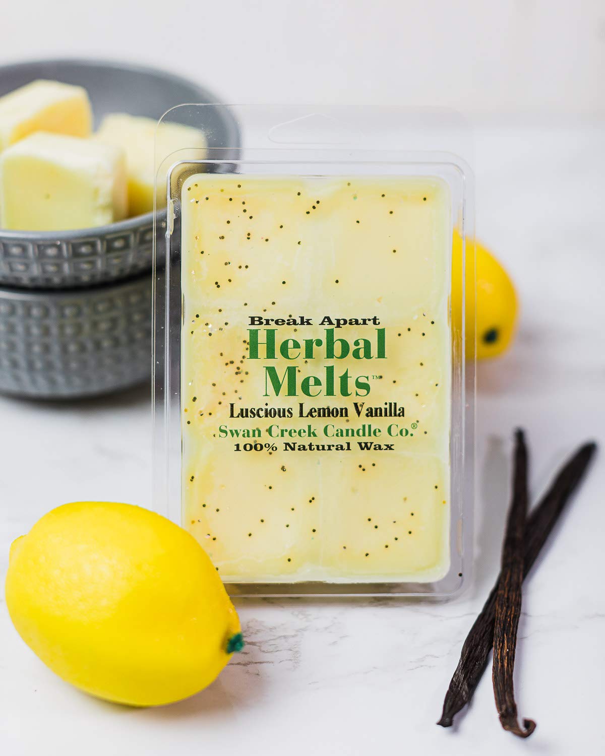 Swan Creek Luscious Lemon Vanilla Drizzle Melts in a kitchen setting for inviting aroma