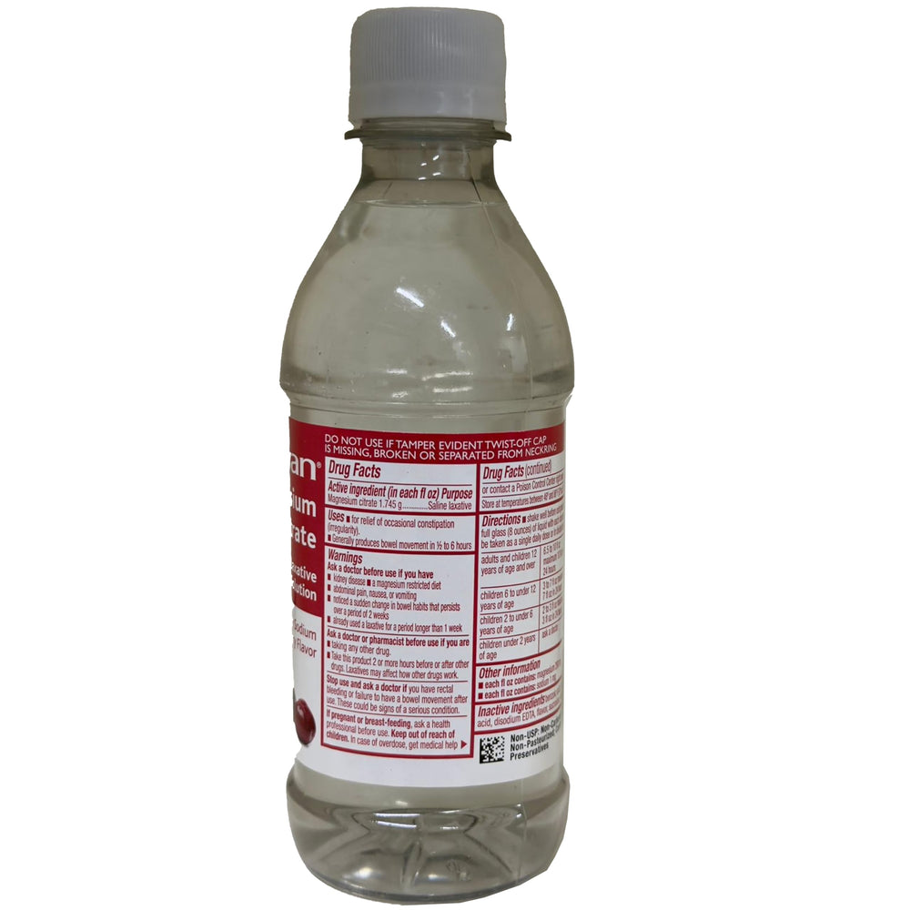 Swan Magnesium Citrate Cherry bottle label close-up, flavor and ingredients visible.