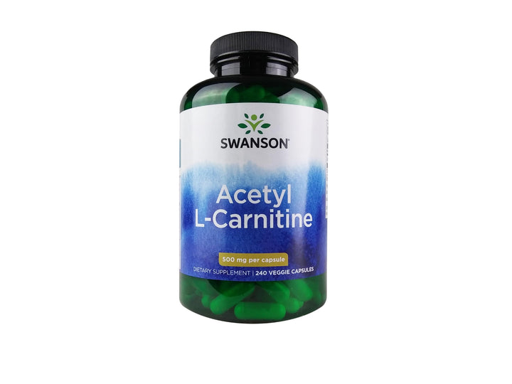 Swanson Acetyl L-Carnitine bottle shows easy dosing for focus.