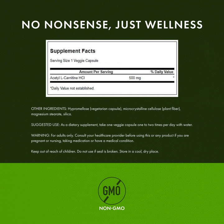 Swanson Acetyl-L-Carnitine packaging label highlights natural formula for nervous system wellness
