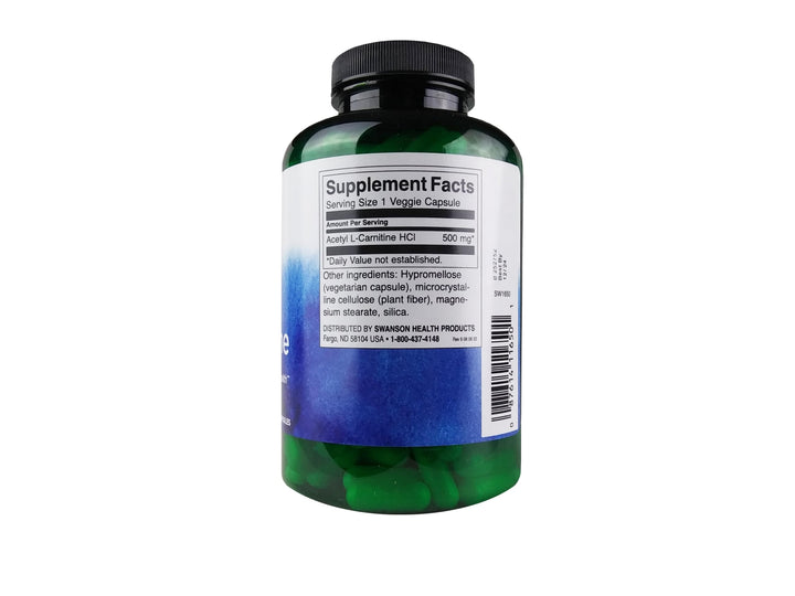 Swanson Acetyl L-Carnitine capsules close-up highlights daily vegan format.