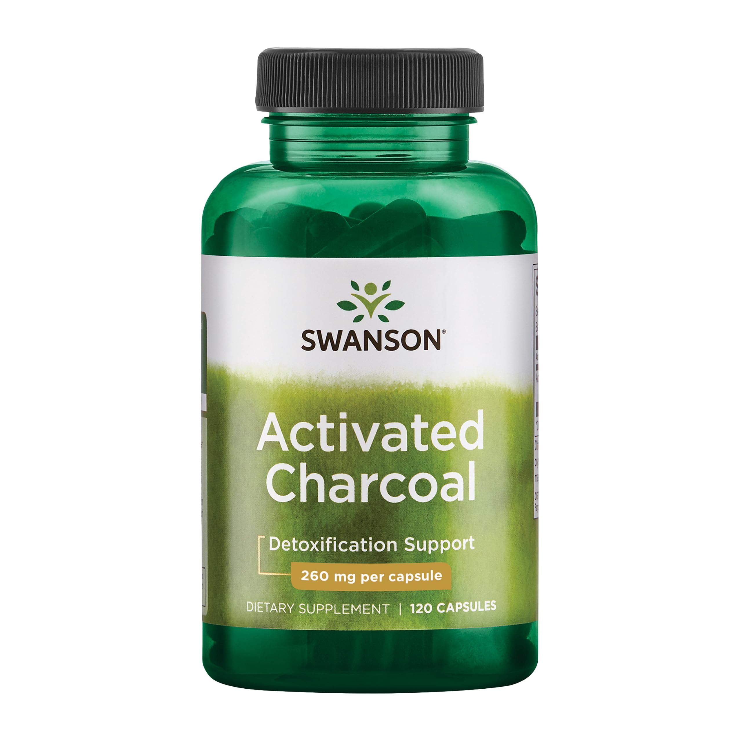 Swanson Activated Charcoal bottle showing label for absorption support