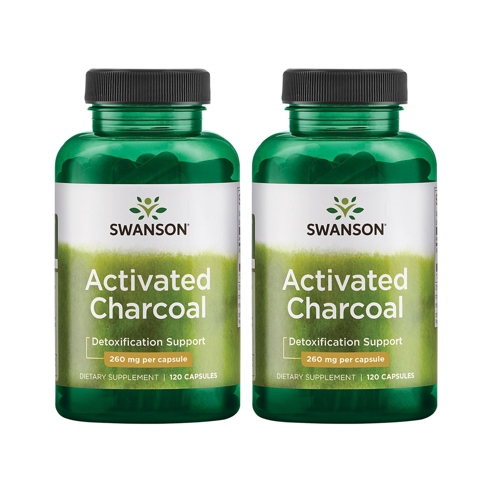 Swanson Activated Charcoal bottle pour shows easy-dose capsules for digestive support.