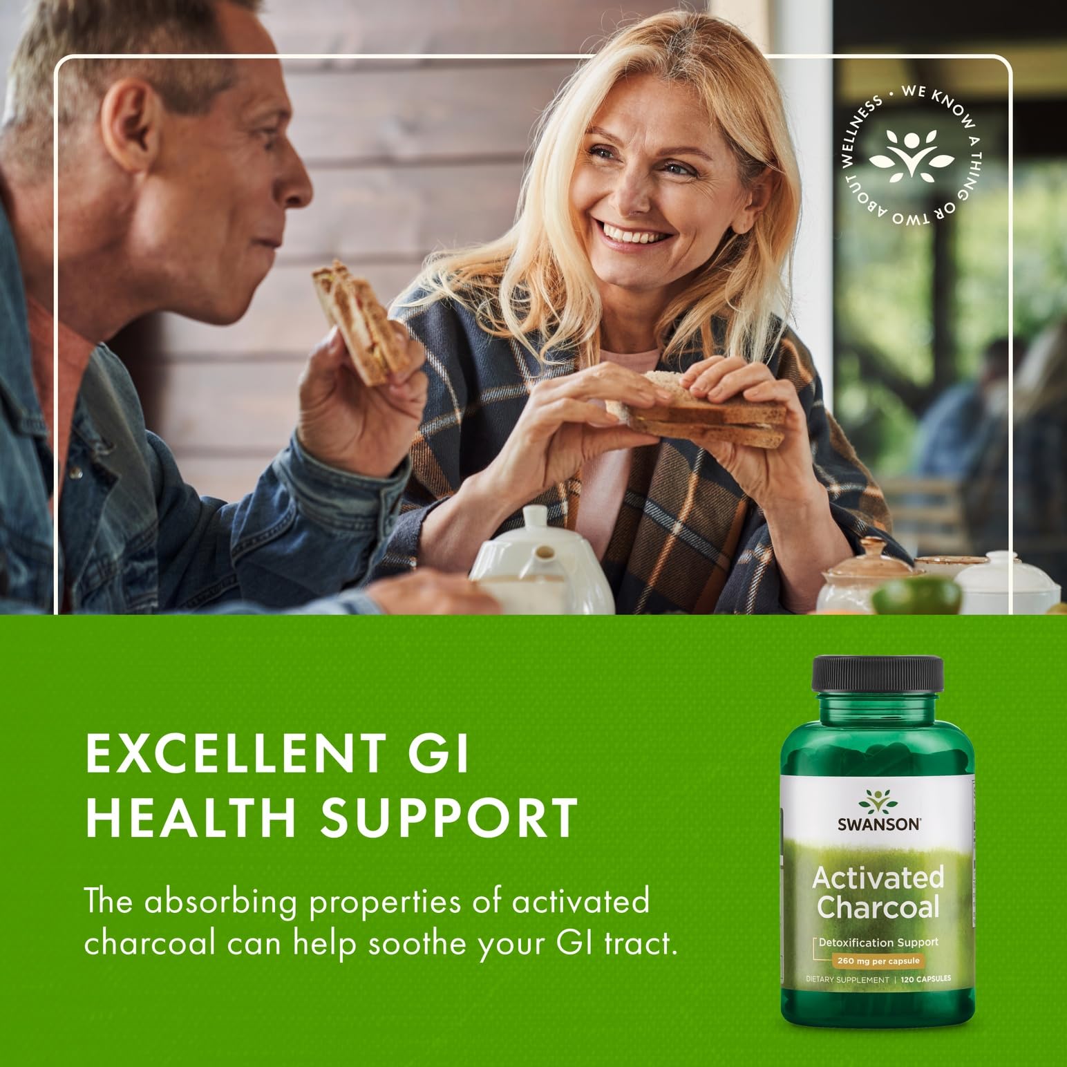 Swanson Activated Charcoal detox action visual indicating binding of substances.