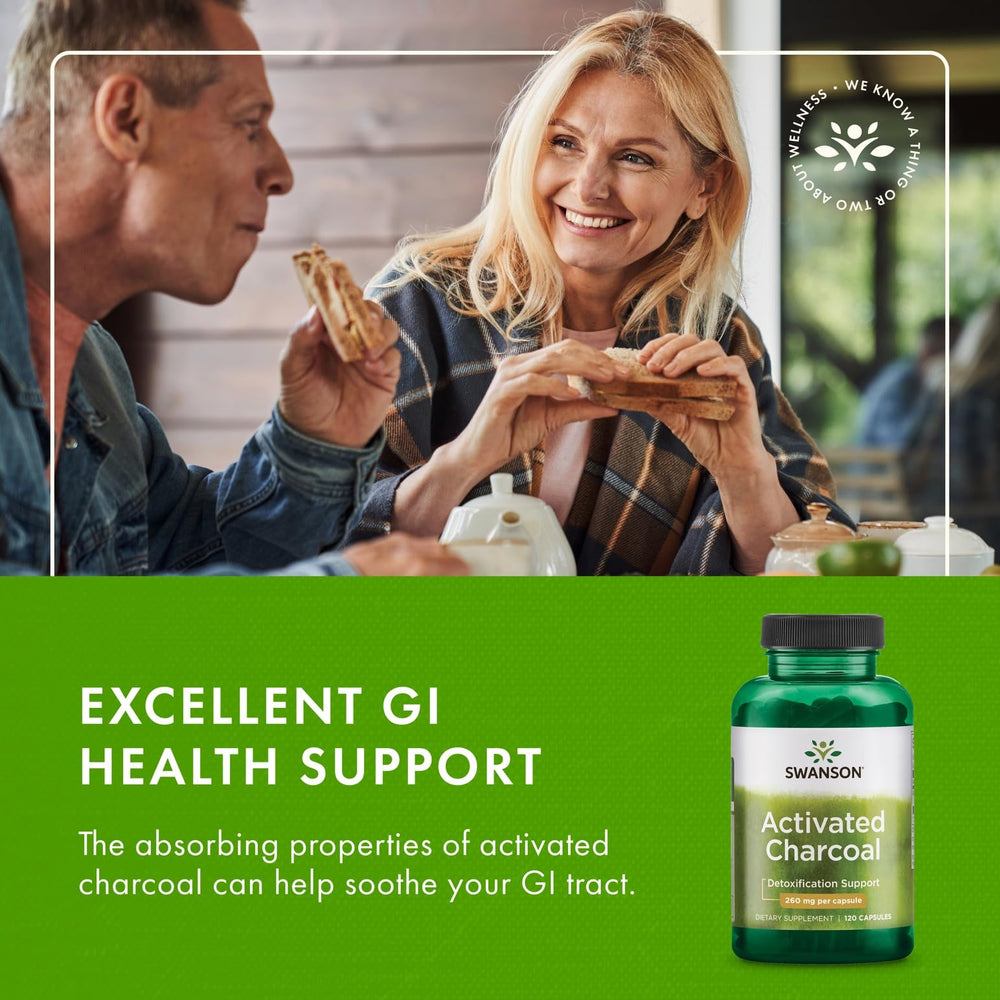 Swanson Activated Charcoal detox action visual indicating binding of substances.