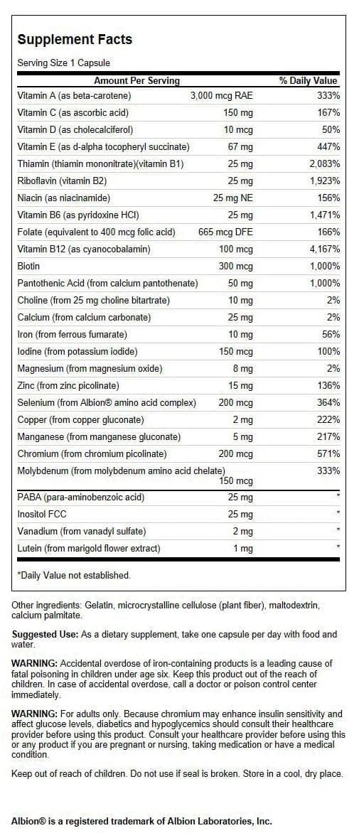 Swanson Active One Multivitamin with Iron label close-up highlighting plant-based ingredients