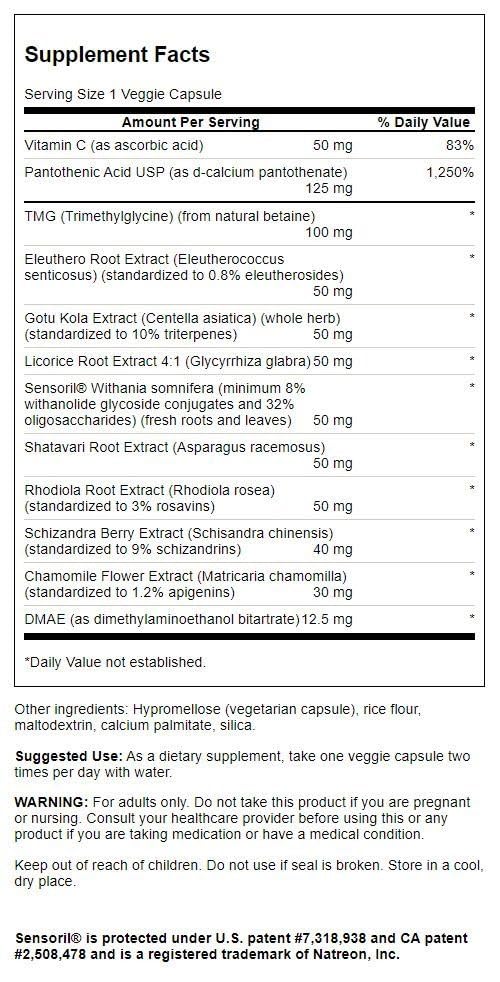 Swanson Adrenal Essentials capsules close-up highlighting vegetarian, non-GMO formula for adrenal health