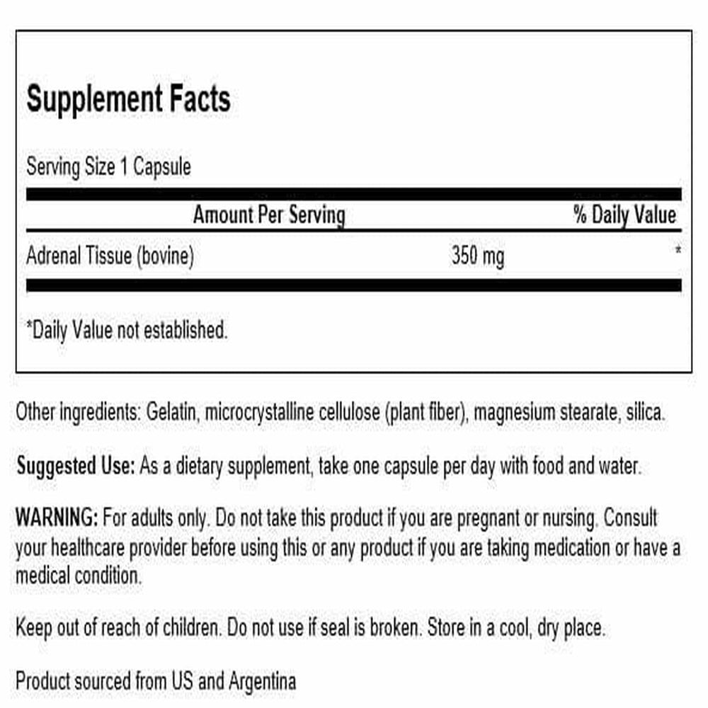 Swanson Adrenal Glandular 350 mg packaging showing non-GMO and quality details.