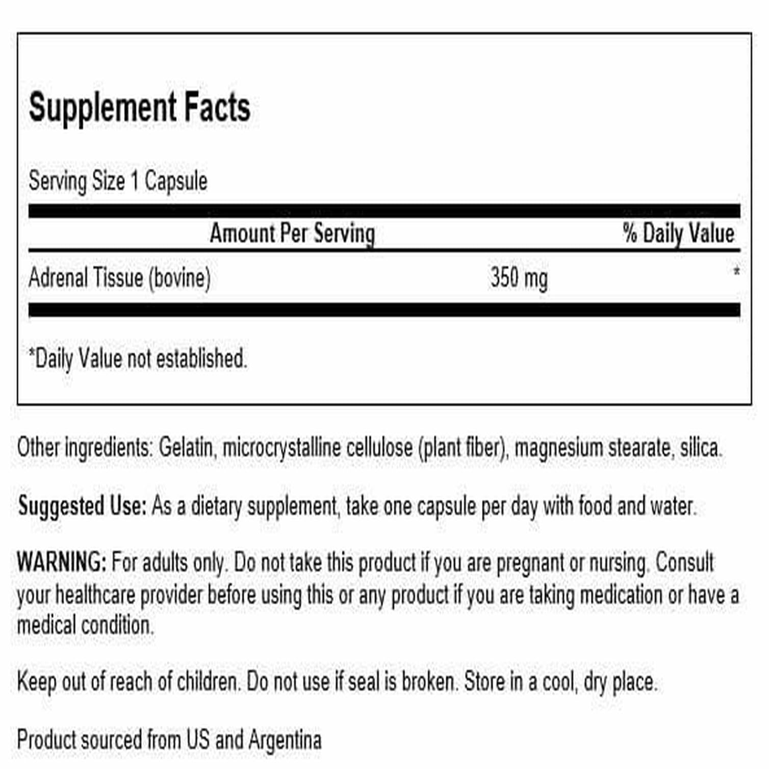 Swanson Adrenal Glandular 350 mg capsules packaging shows easy-to-swallow design