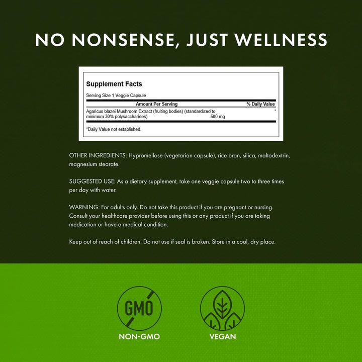Swanson Agaricus Blazei label close-up emphasizing vegetarian formula and GMP quality