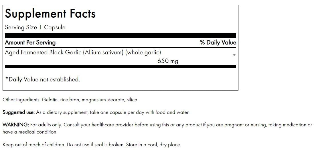 Swanson aged black garlic 650 mg capsules ready for daily use with antioxidant support.