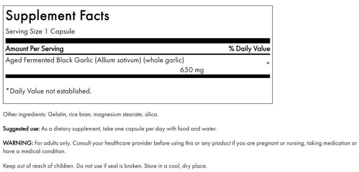 Swanson aged black garlic 650 mg capsules ready for daily use with antioxidant support.