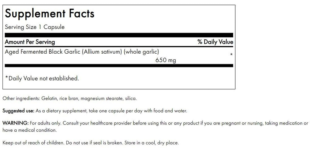 Swanson aged black garlic 650 mg capsules ready for daily use with antioxidant support.