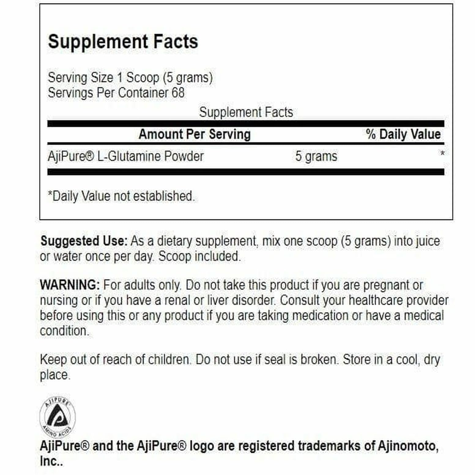 Swanson Ajipure L-Glutamine powder scoop for easy measuring