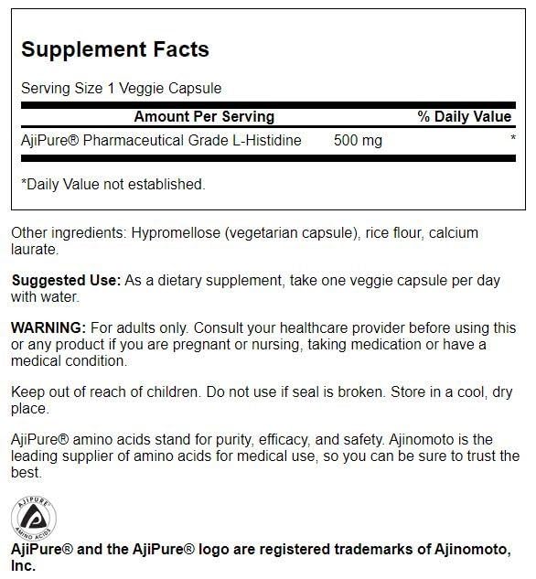 Swanson AjiPure L-Histidine capsules; vegetarian formula for daily wellness.