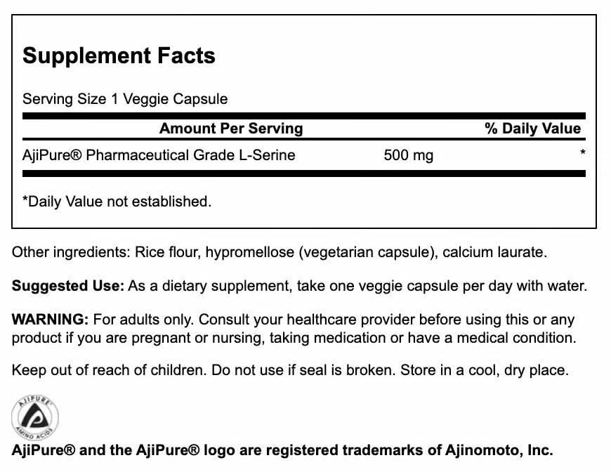 Swanson Ajipure L-Serine bottle back label displays supplement facts and dosage guidance