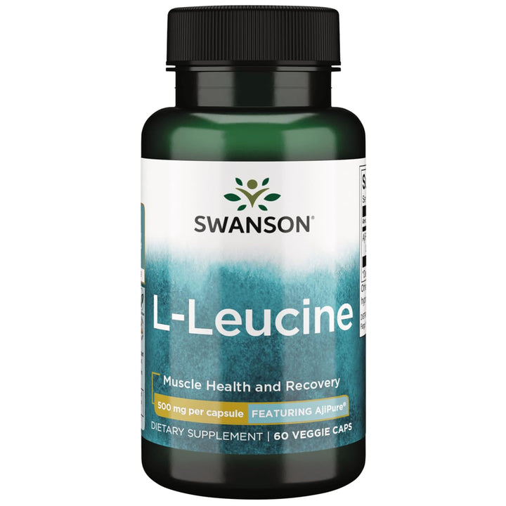 Swanson Ajipure L-Leucine bottle pour shows convenient capsule dosing for daily use.