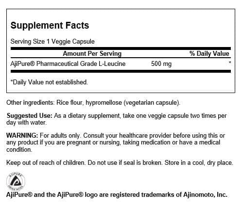Swanson Ajipure L-Leucine capsules inside view highlights easy-to-swallow servings.
