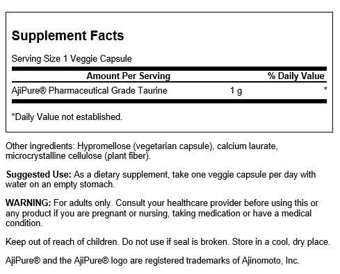 Swanson AjiPure Taurine capsules close-up highlighting pharmaceutical-grade purity and potency.