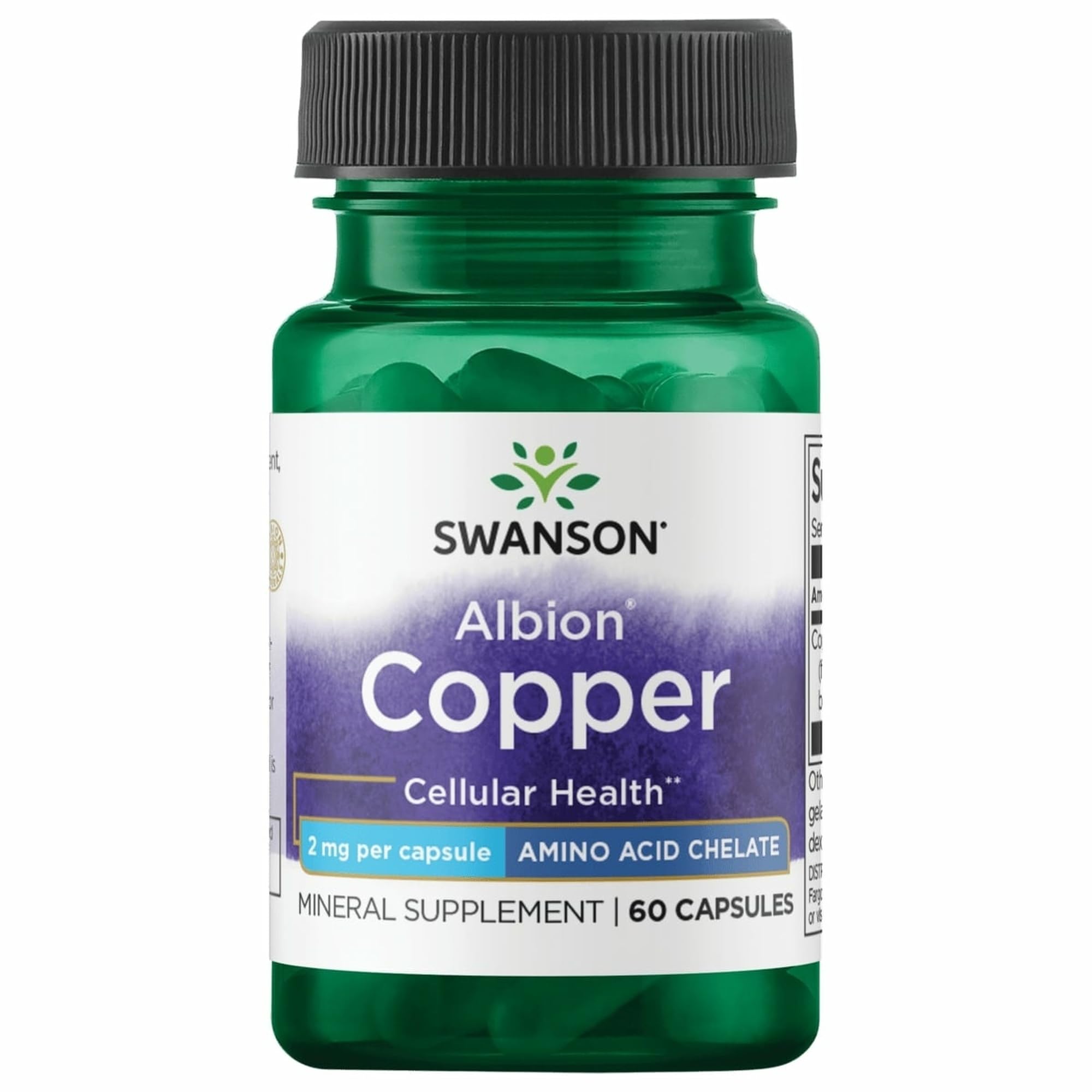 Swanson Albion Chelated Copper bottle with capsules for daily wellness