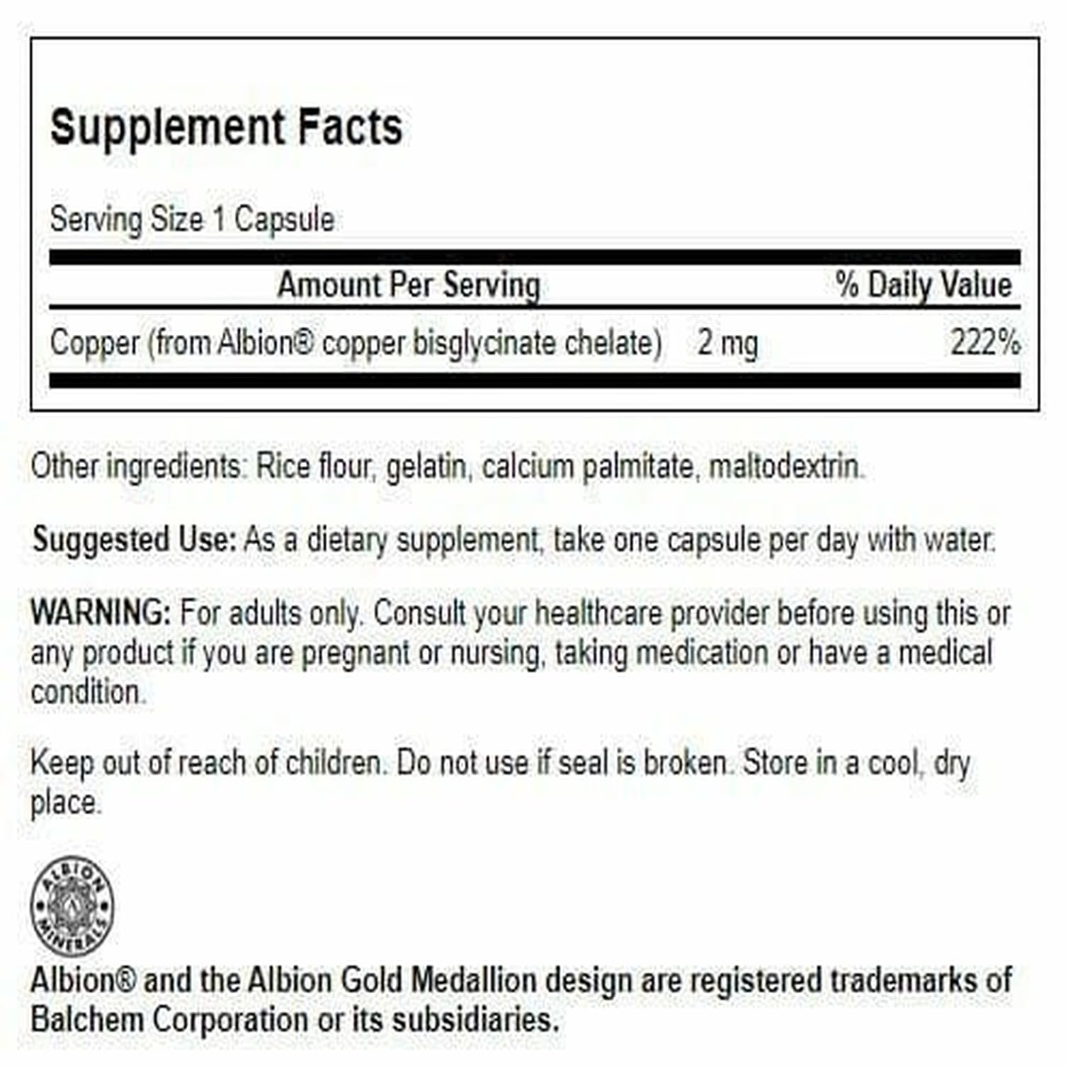 Swanson Albion Chelated Copper capsules for convenient daily dosing