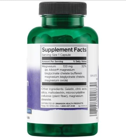 Swanson Albion Chelated Magnesium capsules showing glycinate chelate for absorption.