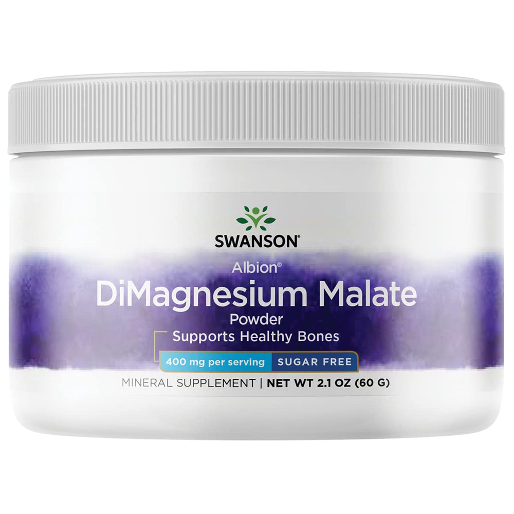 Swanson Albion Dimagnesium Malate bottle shown, convenient daily mineral supplement.
