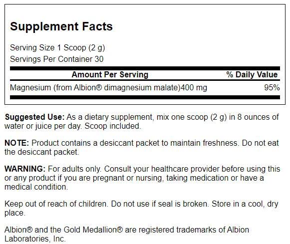 Swanson Albion Dimagnesium Malate label closeup, vegan and non-GMO formulation.