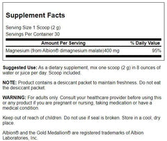 Swanson Albion Dimagnesium Malate label closeup, vegan and non-GMO formulation.