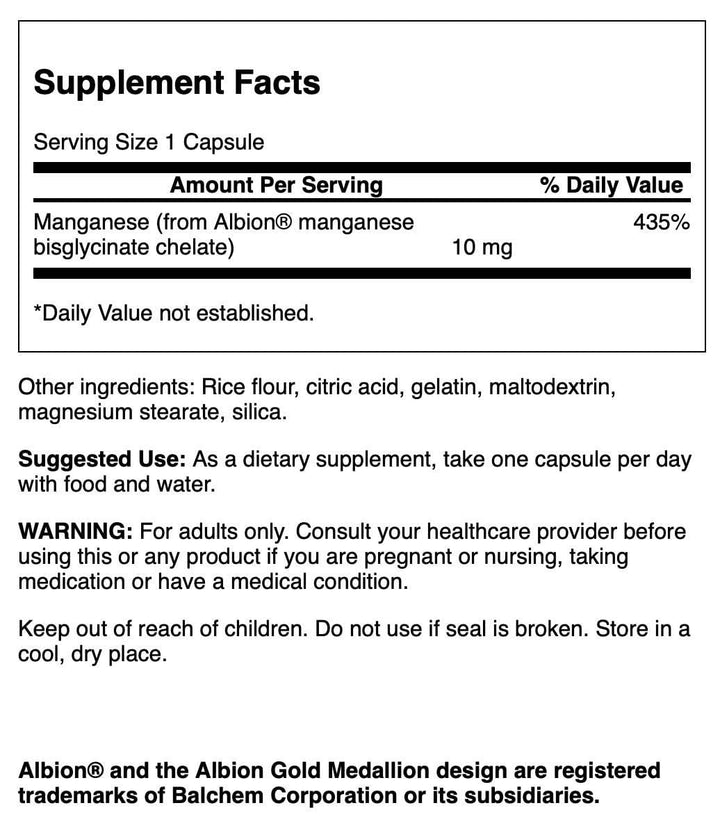 Swanson Albion manganese capsules pouring from bottle, suggesting easy daily intake.