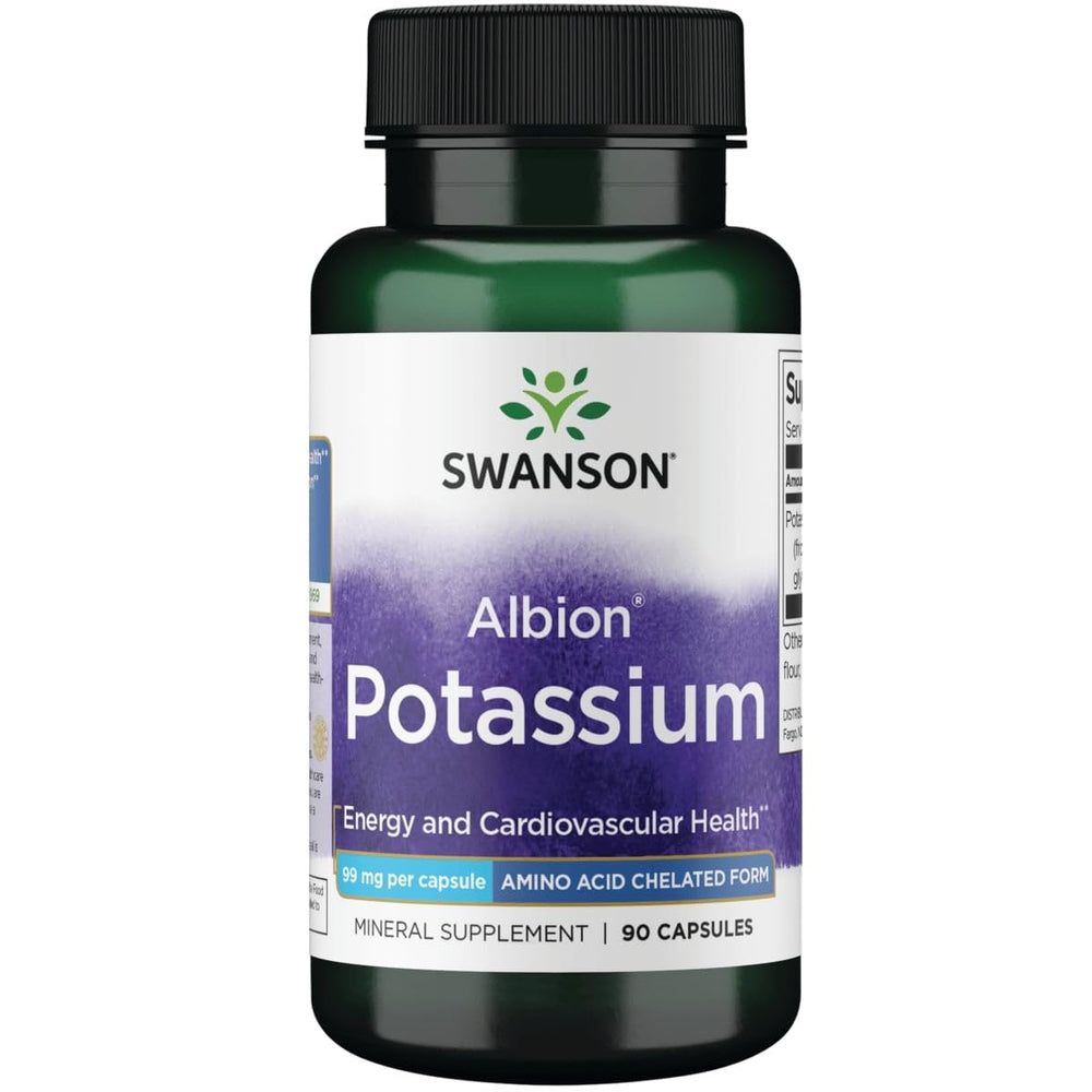 Swanson Albion Potassium 99 mg bottle close-up for daily wellness.